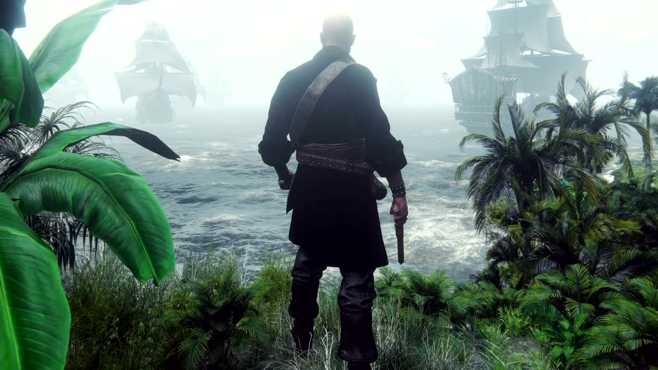 el pirata conoce a los barcos enemigos que navegaron a la isla pirata. concepto de aventuras de piratas marinos. animación en 3d en bucle.