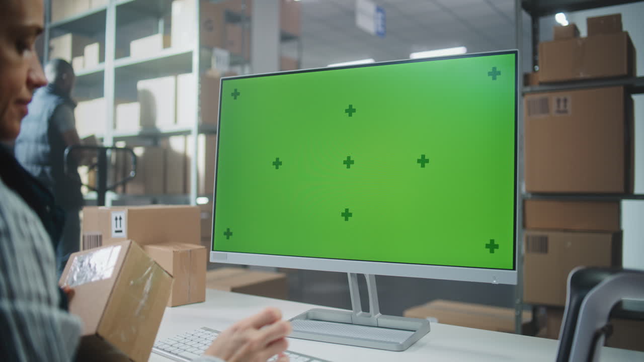 trabajador de almacén usando una computadora con pantalla verde