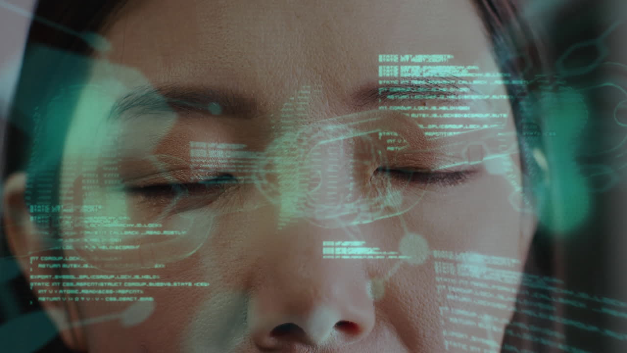Digital data processing animation over close-up of person with closed eyes