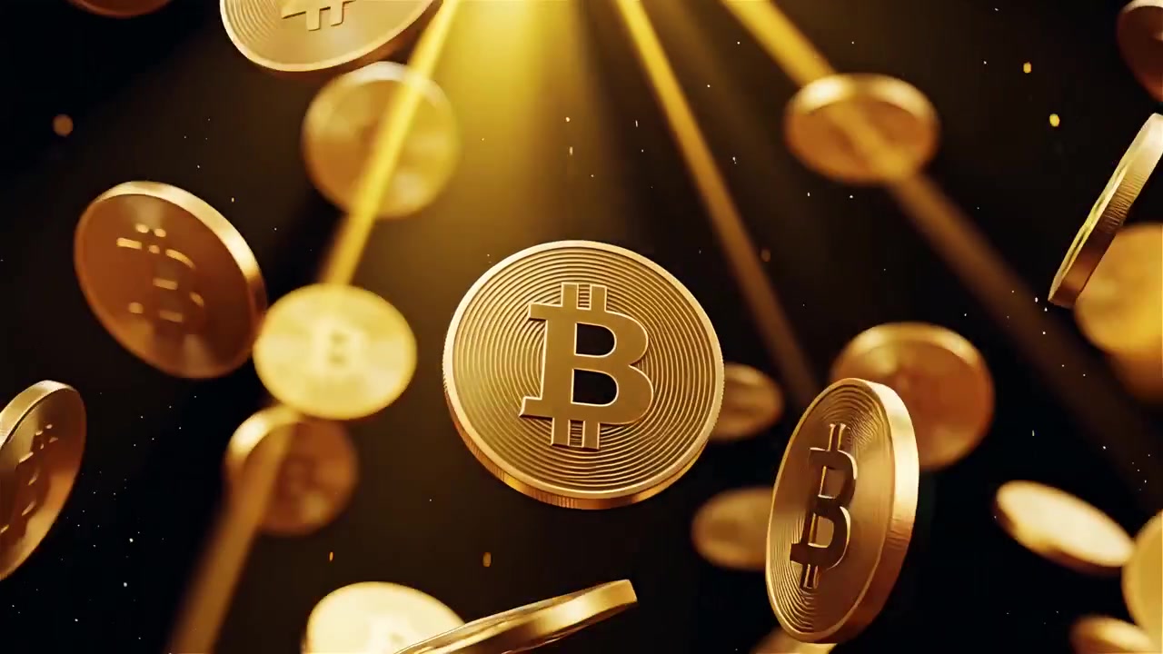 Bitcoin in rotazione su sfondo nero drammatico 4k