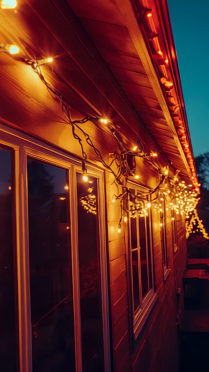 Vertical video: Panning shot revealing string lights reflecting in windows at dusk with lit tree