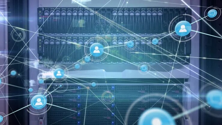 Animation of network of connections with icons and data processing over server room