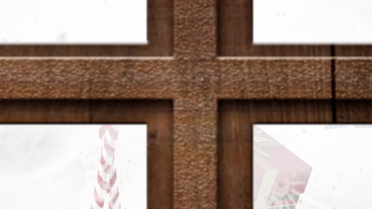 윈도우와 크리스마스 트리의 애니메이션과 캔디 막대기와 겨울 풍경에 현재