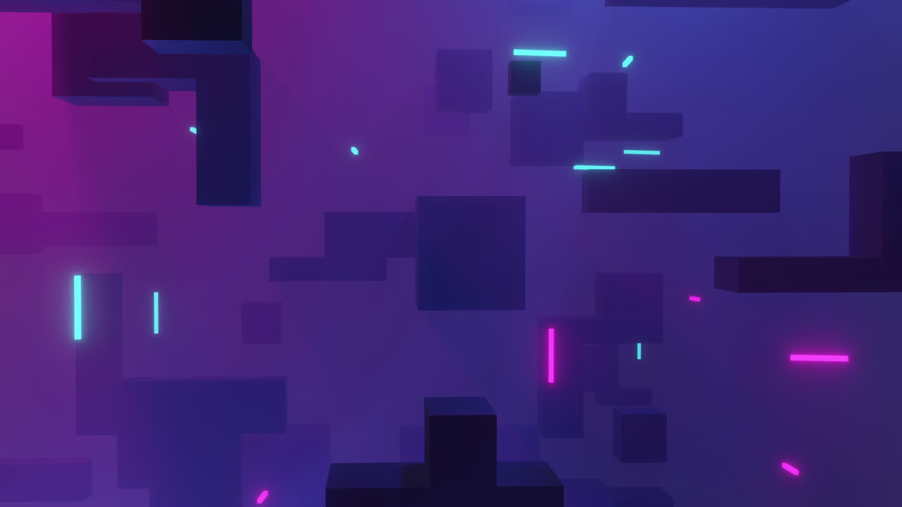 Animation of glowing light trails moving over cubes on purple background