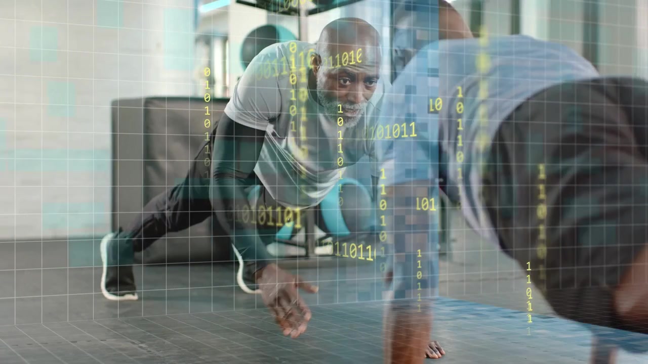 Coach cueing while workout partners lowering and pushing up for fitness, digital grid overlaying