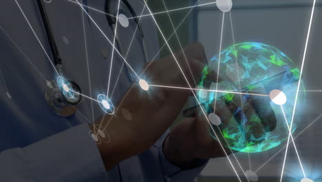 animation of network of connections with spots and globe over caucasian male doctor with smartphone