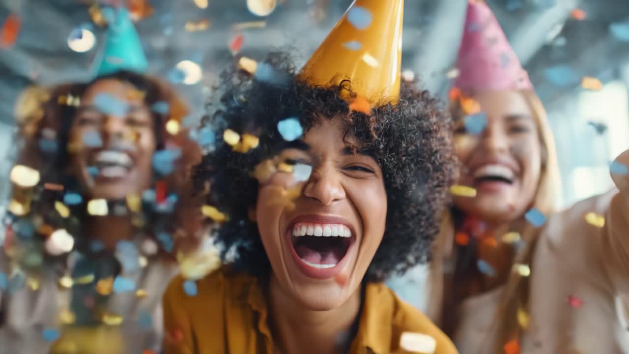 Célébration joyeuse entre amis : immortaliser les moments inoubliables de rire et de bonheur lors d’une fête avec des confettis colorés et des chapeaux de fête