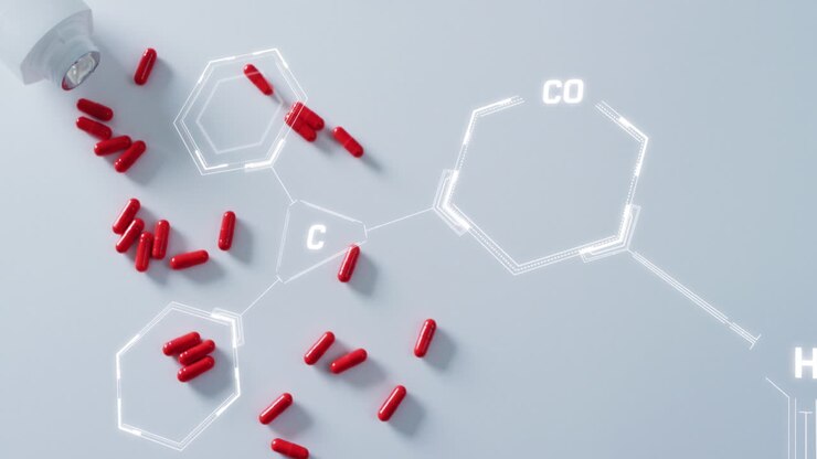 Animazione di diagrammi di filamenti di DNA con elaborazione dati su pillole rosse