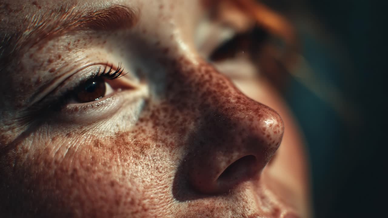 A Beautiful Portrait Capturing the Essence of Luminous Skin and Freckled Features with Unique Expressions, Highlighting Natural Beauty in a Close-Up Shot