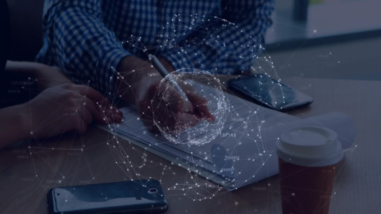 Holographic globe appearing triggers colleagues passing pen and annotating documents to agree notes