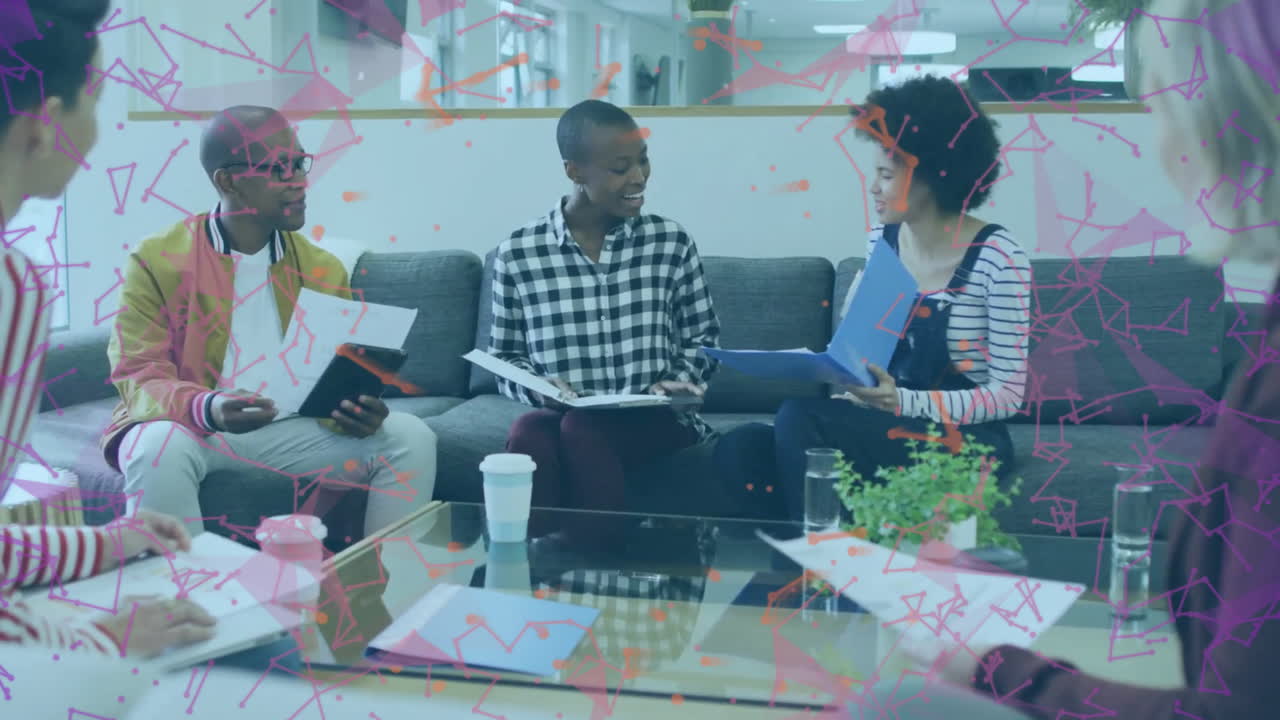 Animation of data processing over diverse business people in office