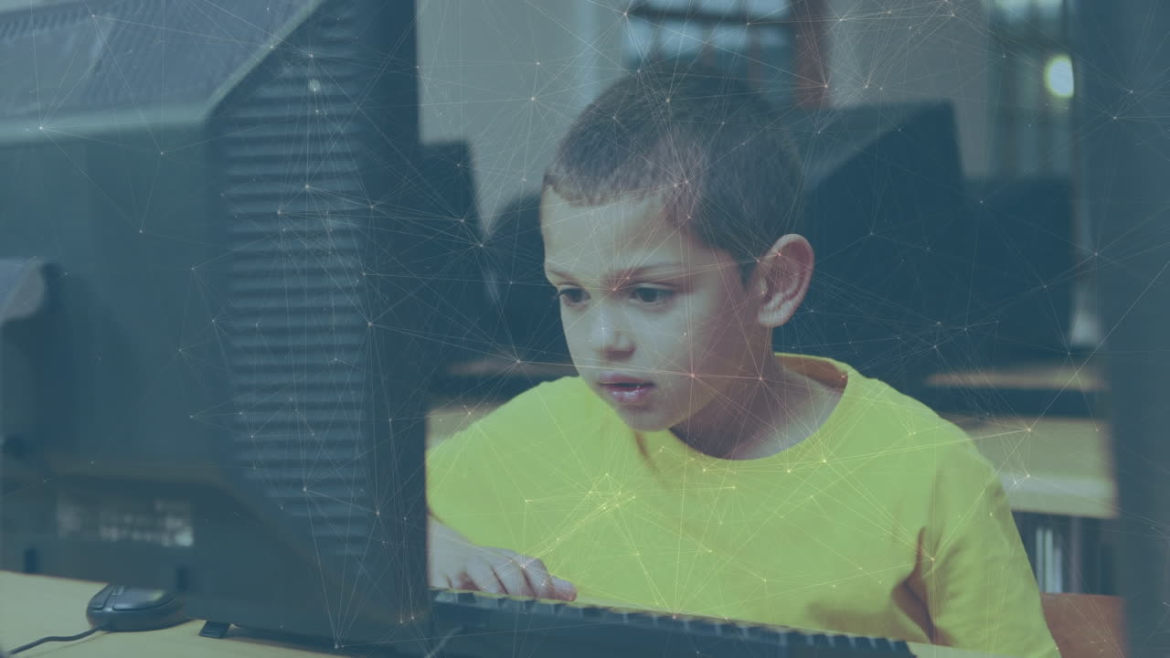컴퓨터를 이용한 백인 소년에 대한 연결 네트워크의 애니메이션