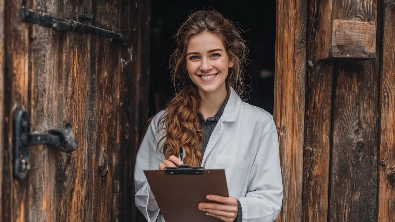 A Smiling Young Woman in a White Lab Coat Holding a Clipboard at a Rustic Wooden Entrance, Radiating Positivity and Professionalism