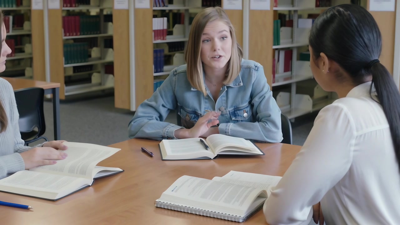 Looking up center woman wearing denim jacket explaining notes, gesturing at library table with pen
