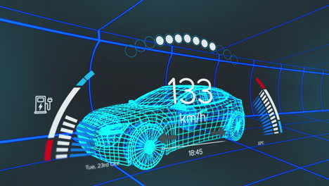 animación del velocímetro, el gps y los datos del estado de carga en la interfaz del vehículo, en un modelo de coche 3d