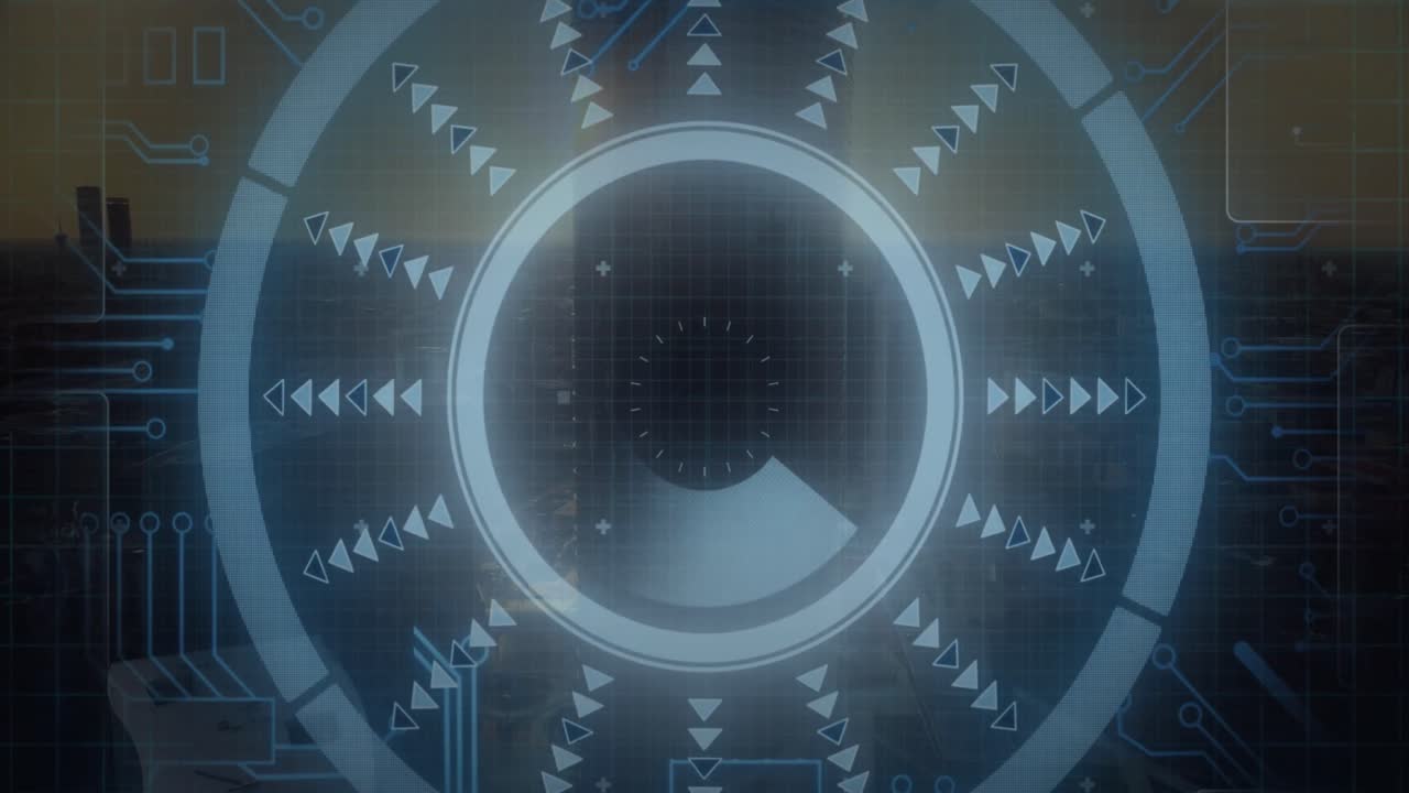 Animation of arrow in loading circle and circuit board pattern over aerial view of modern buildings