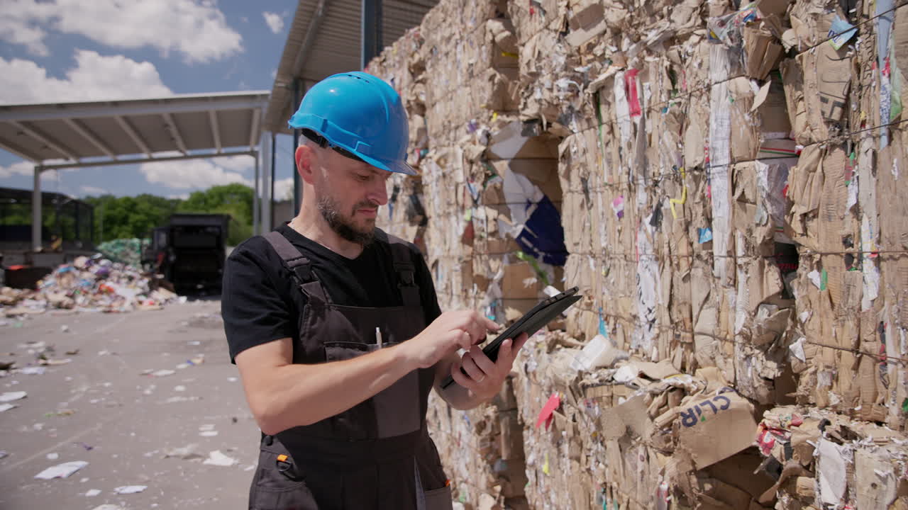 Caucasian worker at paper recycling plant counts stacked pressed paper bales