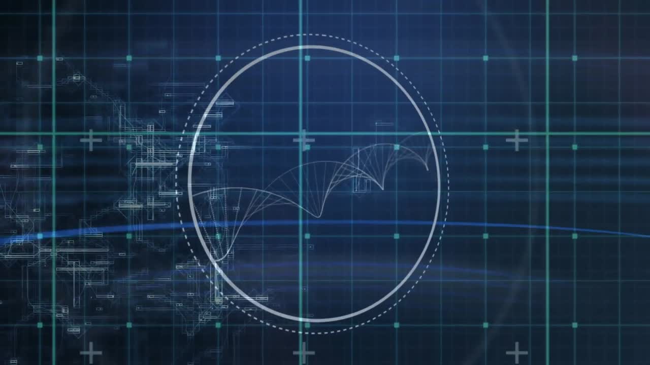 Animation of circular scanner with rotating dna helix over blue grid and processing data on black