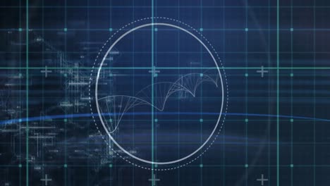 animation of circular scanner with rotating dna helix over blue grid and processing data on black