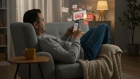 engaged in online shopping: a relaxed moment of browsing sales and deals while relaxing on a cozy couch with a cup of coffee