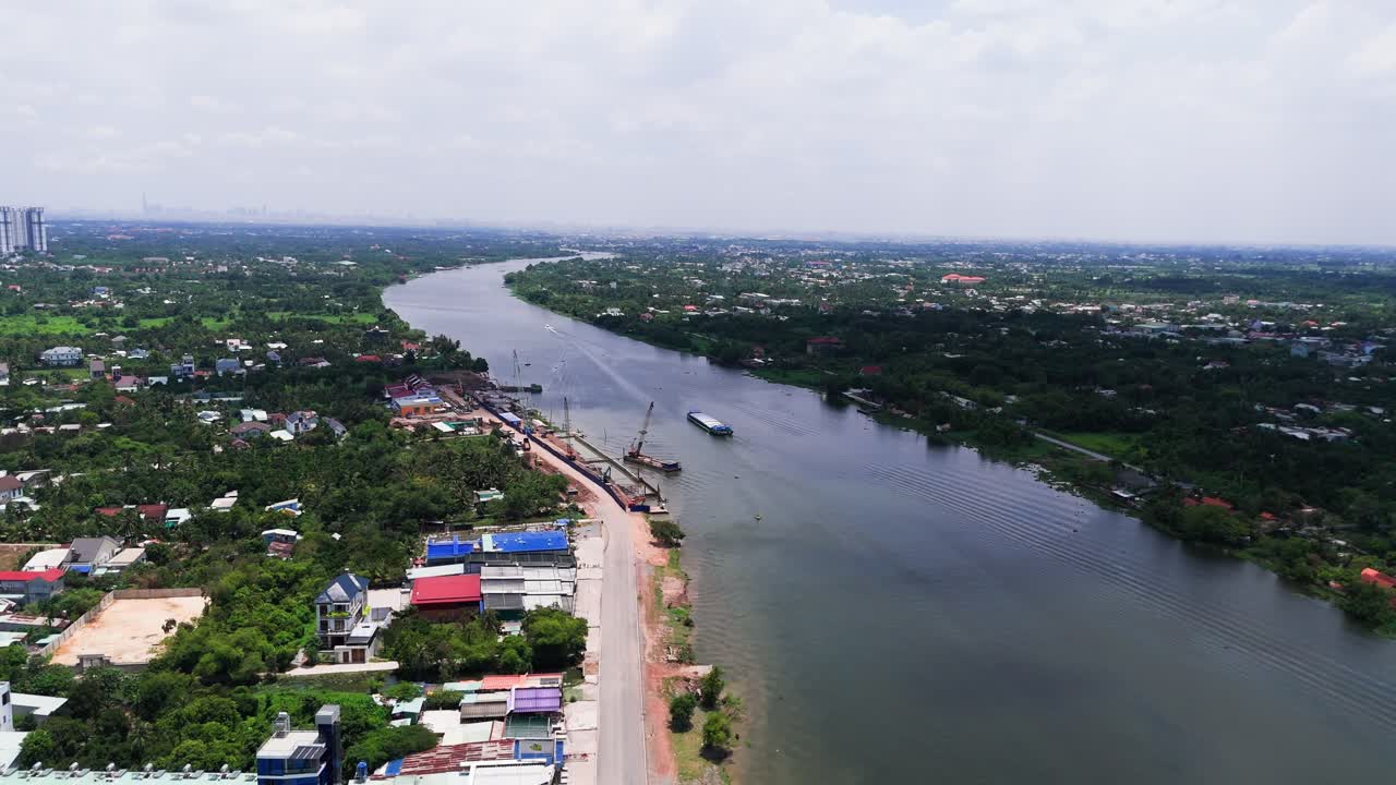 Aerial View Dolly of the Boat in the River.