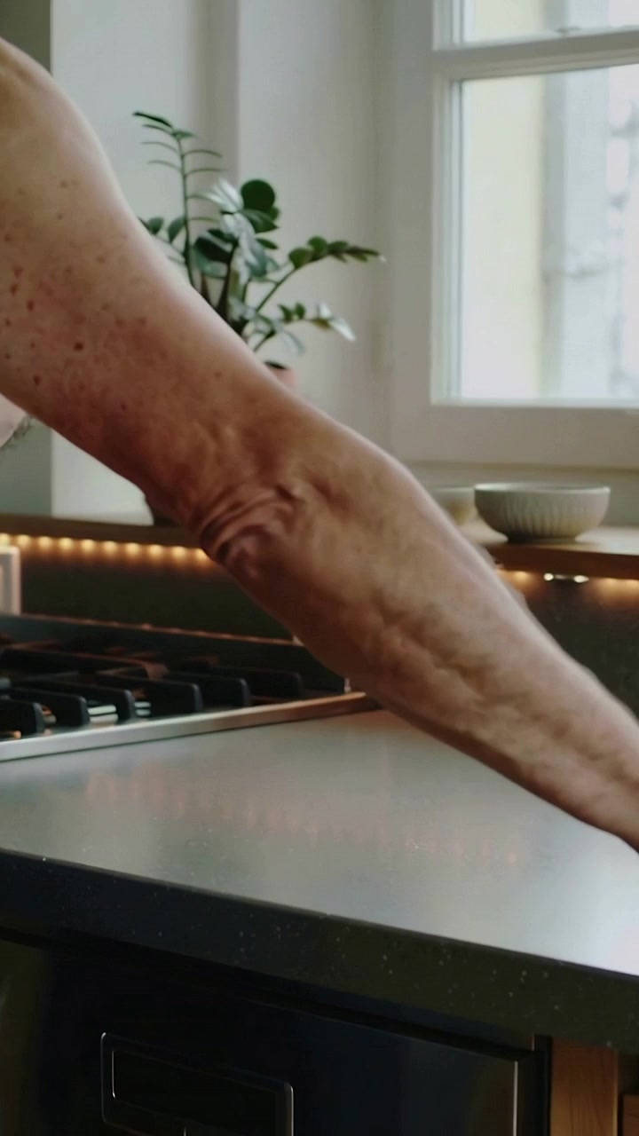 Video verticale: Uomo a torso nudo che tocca il bancone e fa scivolare la mano sulla cucina, piano cottura, spazio per il testo.