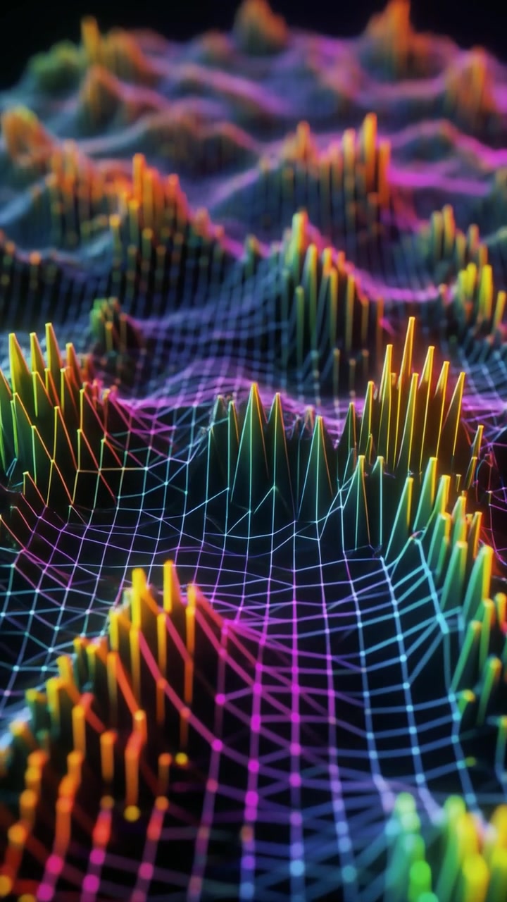 Abstract Digital Grid Landscape with Pulsing Neon Waves