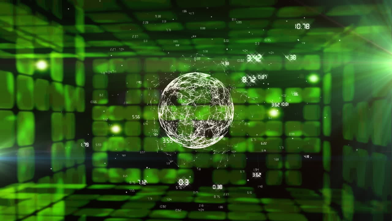 animación del globo girando sobre una red de cuadrados brillantes verdes en el fondo