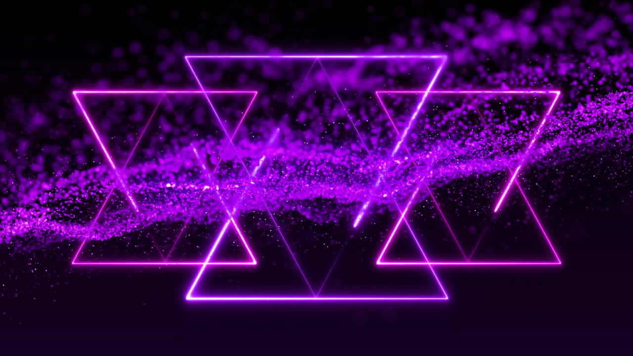 Bright violet neon triangles floating across dark void, creating depth with glowing particles