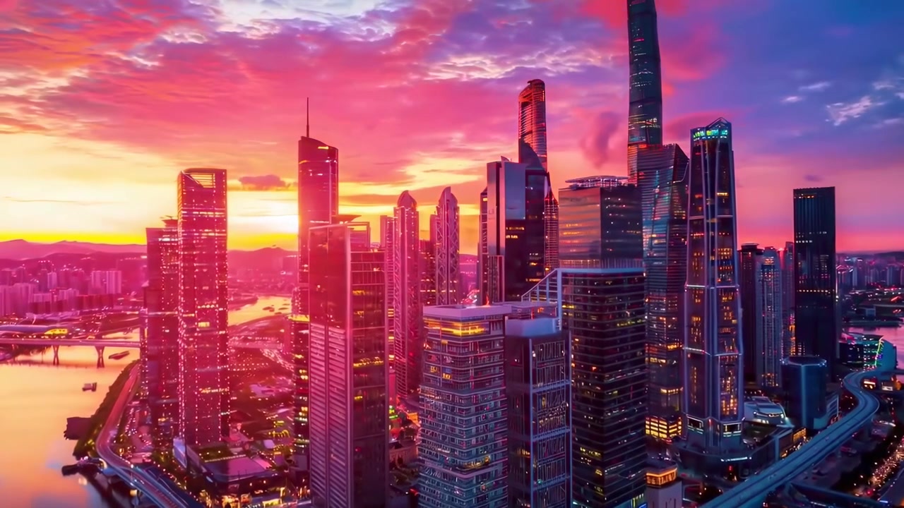 Time-Lapse Aéreo do Horizonte de uma Cidade Moderna do Pôr do Sol à Noite