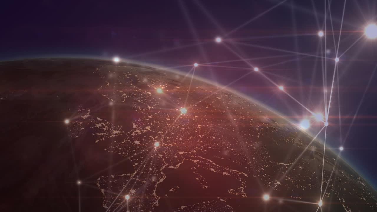 анимация освещенных точек, соединенных линиями над земным шаром на абстрактном фоне.