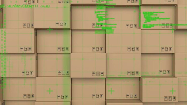 Data processing over grid network against stack of boxes in background
