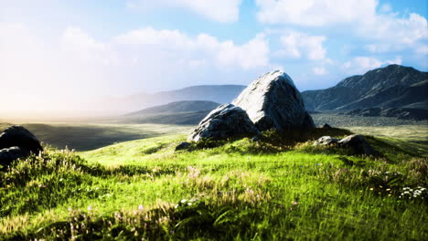 breathtaking landscape with green grass and mountains under a bright sky