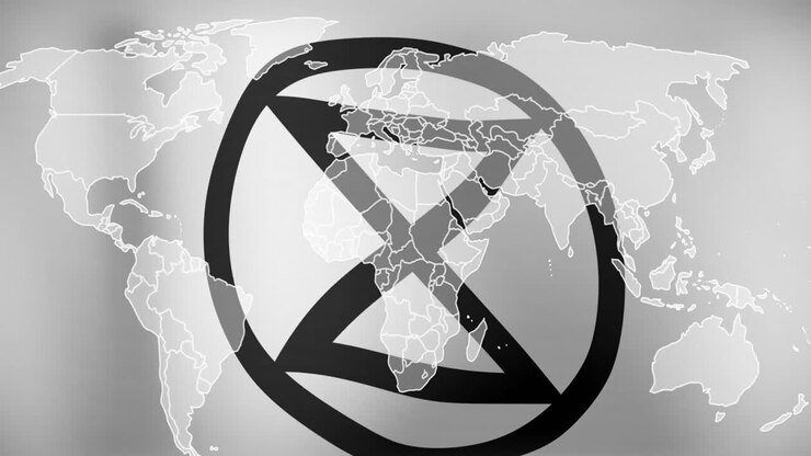 Animation of extinction rebellion sign over world map on grey background