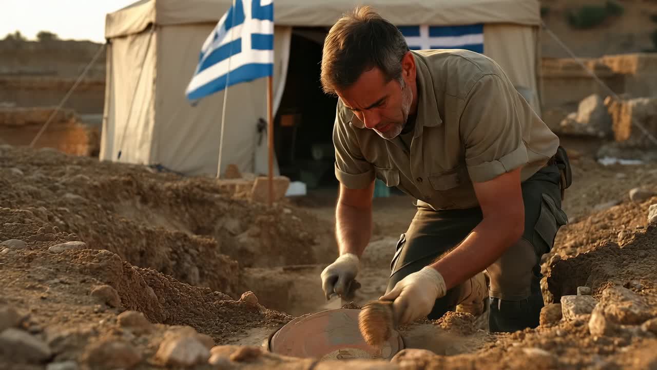 Finne plate, grave ut khaki-forsker som kneler i grøft ved gresk flagg med murskje og børste for undersøkelse