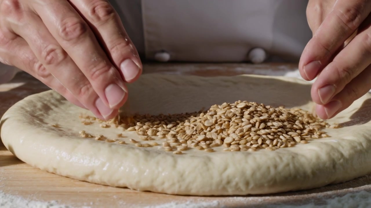 Mani di uno chef in camice bianco che spargono semi su un disco di impasto su una tavola infarinata per la cottura.