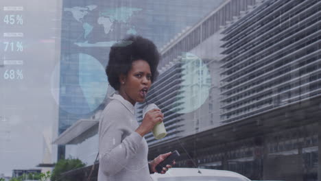 animation of african american woman walking with cellphone while drinking coffee