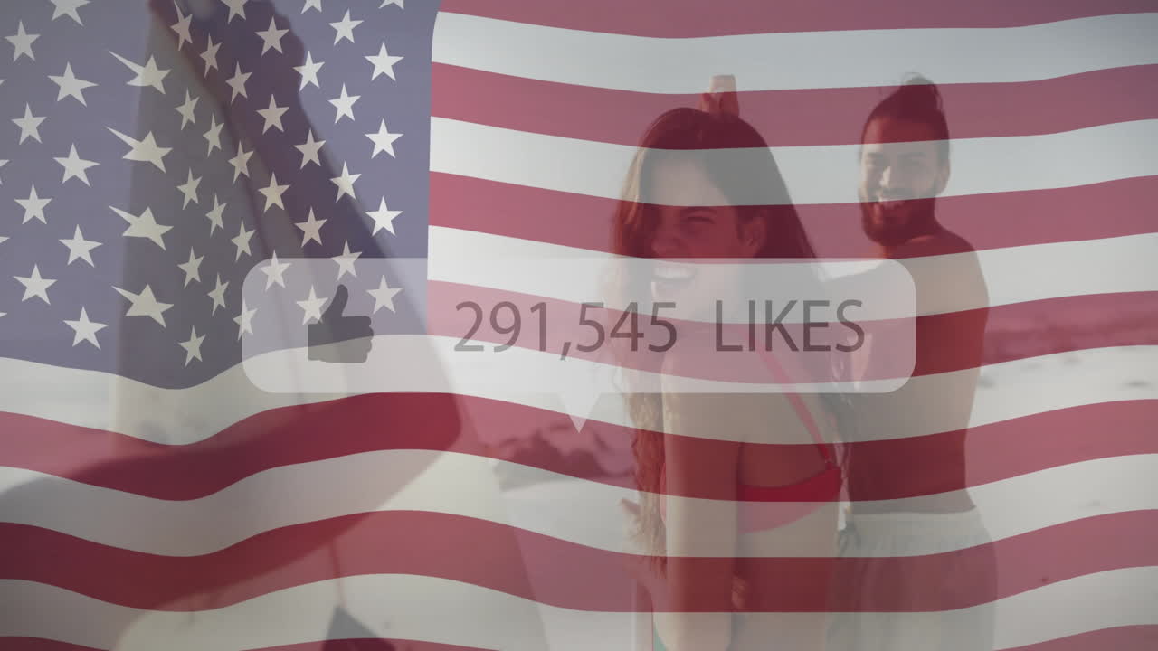 Smiling couple with American flag overlay and animation of 295,653 likes