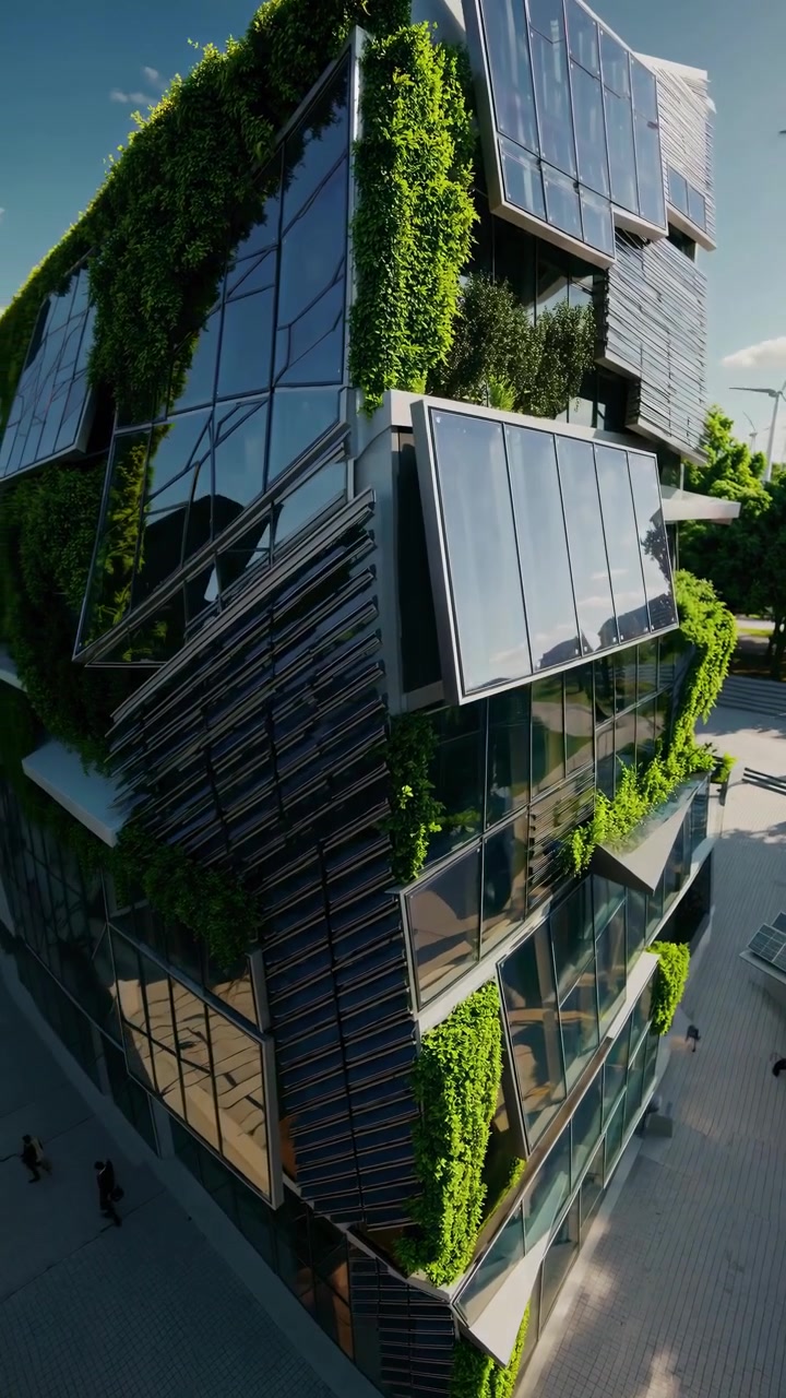 Edificio verde moderno con paneles solares y jardines verticales en una ciudad sostenible