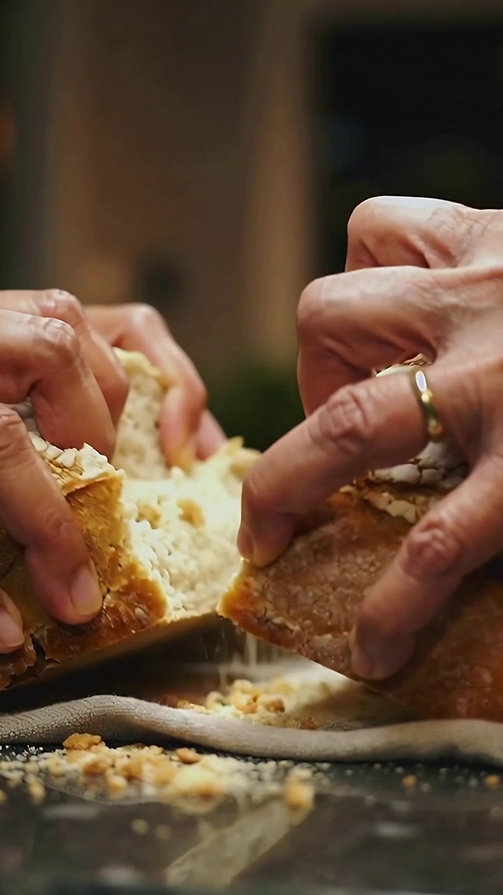 Vertical video: Pressing, hands wearing rings prying loaf open on kitchen counter, serving halves