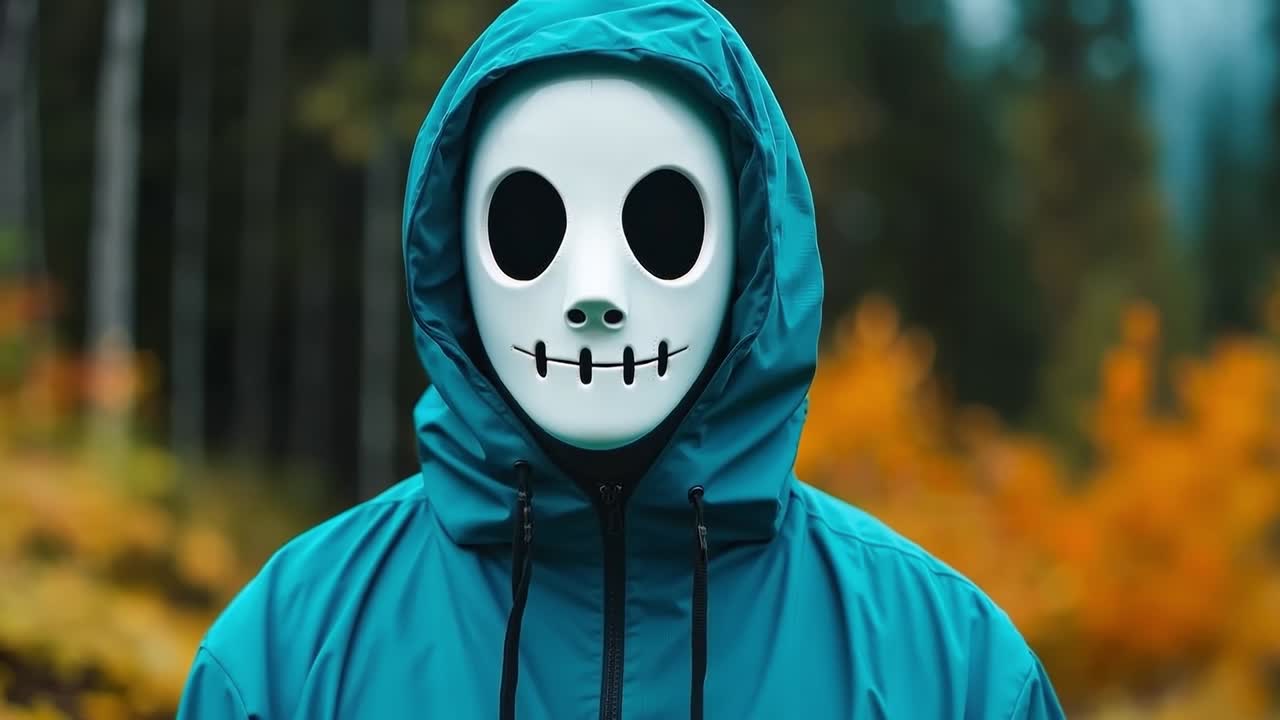 una persona con una chaqueta azul con una máscara blanca en la cara