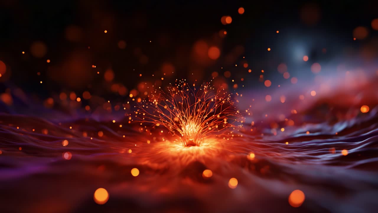 Una rappresentazione ipnotica di particelle luminose che eruttano dal centro, mettendo in mostra colori vivaci e un movimento dinamico in un ambiente astratto accattivante