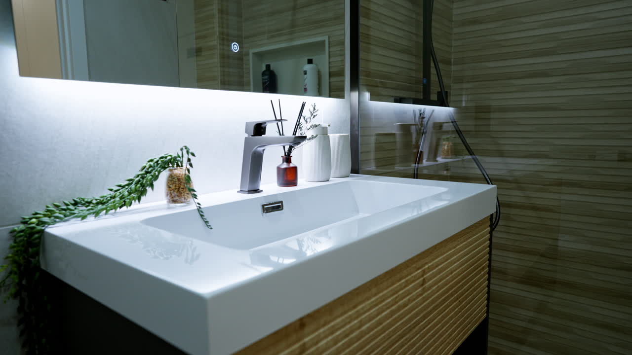 Interno bagno contemporaneo con lavabo moderno, rubinetto minimalista e calde texture in legno. Elegante spazio residenziale ideale per il marketing di appartamenti di lusso, ristrutturazioni e presentazioni immobiliari