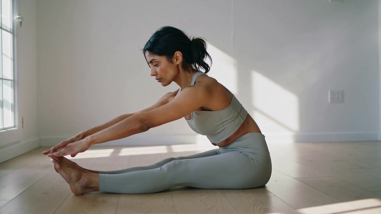 Frau in Sport-BH und Leggings macht Dehnübungen auf dem Boden am Fenster, Beine streckend.
