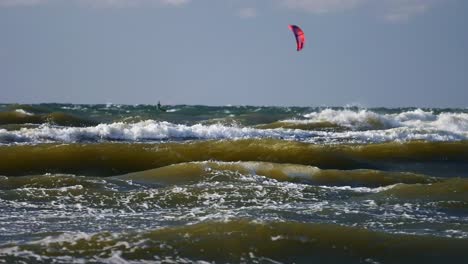 windsurfer falling in water on high waves of baltic sea, poland