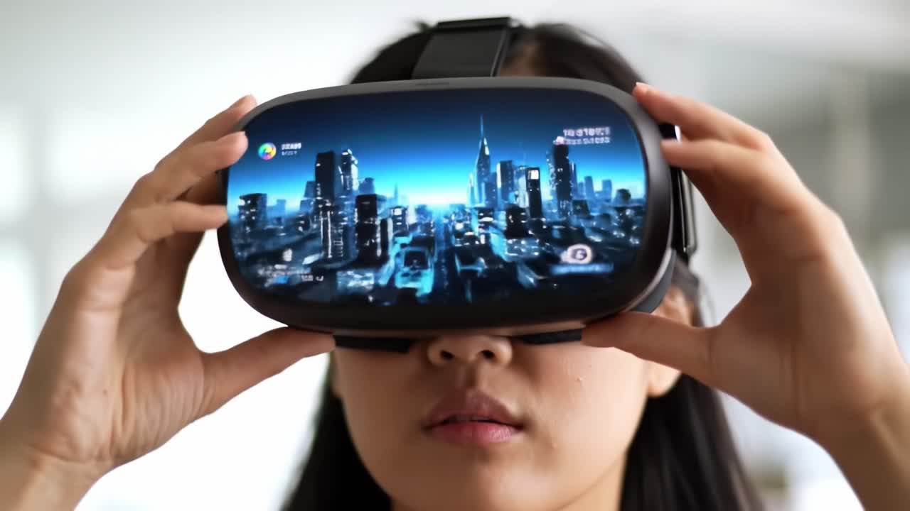 A woman engages with advanced virtual reality technology at a modern tech center. She explores vibrant digital landscapes while using the device, showcasing innovation.