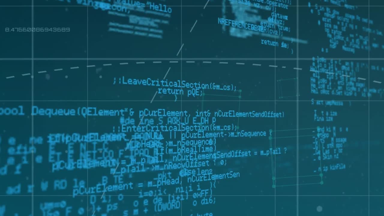 Animation of digital data processing over grid on blue background