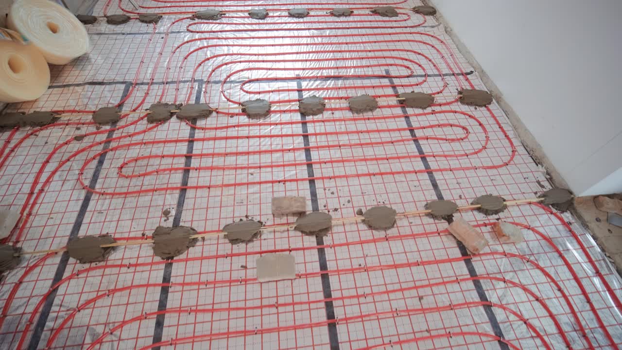 Installing underfloor heating pipes for water heating. Heating systems. Pipes for a heat-insulated floor.
