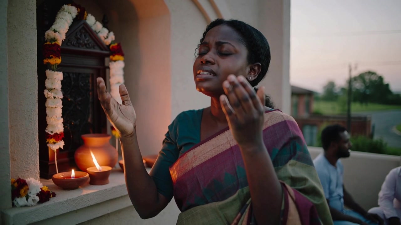 Chanting woman at dusk wearing saree raising hands at terrace shrine for prayer, with lit lamps