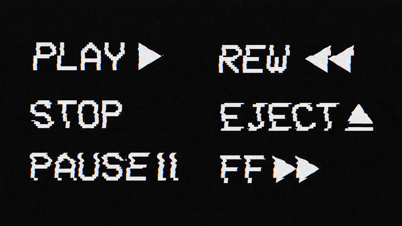 Retro VHS Player Interface with Glitching Text and Controls